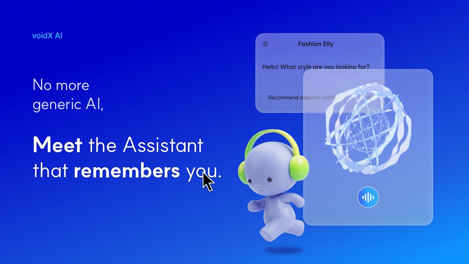 The voidX AI assistant character with its own name and face, shown next to a chat panel